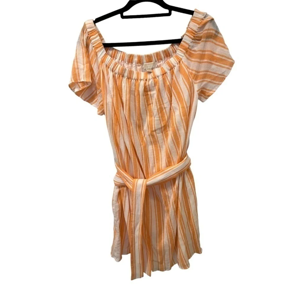 MICHAEL MICHAEL KORS White and Orange Stripe Lined Tie Belt Short Sleeve Dress L